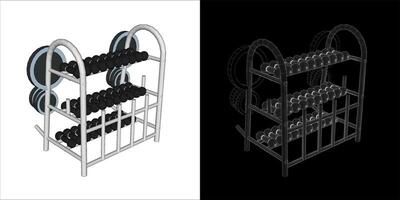dumbbell rack Technical wireframe Illustration line art blueprint on transparent background vector