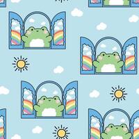 Seamless pattern of cute frog open the window with sun cloud and rainbow sky background.Good morning.Reptile animal character cartoon design.Image for card,sticker,baby product.Kawaii. vector