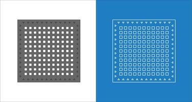 Architectural and technical wireframe blueprint for perforated metal drain covers with a grid pattern for drainage systems vector