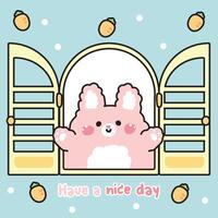 Cute rabbit open the window with carrot background.Have a nice day text.Easter.Rodent animal character cartoon design.Image for card,sticker,baby product.Kawaii.Illustration. vector