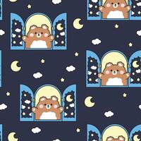 Seamless pattern of cute teddy bear open the window with moon star and cloud on night sky background.Wild animal character cartoon design.Image for card,sticker,baby product.Kawaii.Illustration vector