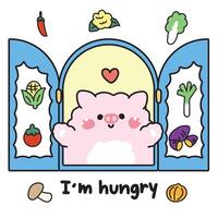 Cute pig open the window with vegetables background.I am hungry text.Farm animal character cartoon design.Image for card,sticker,baby product.Kawaii.Illustration vector