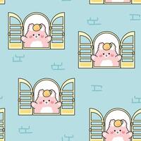 Seamless pattern of cute rabbit with carrot open the window on the wall background.Easter.Rodent animal character cartoon design.Image for card,sticker,baby product.Kawaii.Illustration. vector
