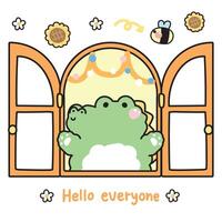 Cute crocodile open the window with flower and bee background.Hello everyone text.Reptile animal character cartoon design.Image for card,sticker,baby product.Kawaii.Illustration. vector