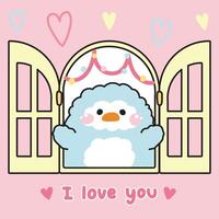 Cute penguin open the window with heart background.I love you text.Bird animal character cartoon design.Image for card,sticker,baby product.Kawaii.Illustration vector