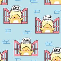 Seamless pattern of cute chicken open the window with good morning text background.Farm bird animal character cartoon design.Image for card,sticker,baby product.Kawaii.Illustration vector