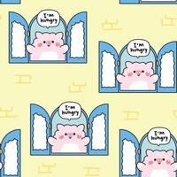 Seamless pattern of cute pig open the window with I am hungry text background.Farm animal character cartoon design.Image for card,sticker,baby product.Kawaii.Illustration vector