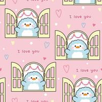 Seamless pattern of cute penguin open the window with heart and I love you text background.Bird animal character cartoon design.Image for card,sticker,baby product.Kawaii.Illustration vector
