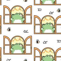 Seamless pattern of cute crocodile open the window with bee on wall background.Reptile animal character cartoon design.Image for card,sticker,baby product.Kawaii.Illustration vector