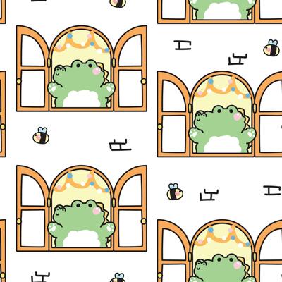 Seamless pattern of cute crocodile open the window with bee on wall background.Reptile animal character cartoon design.Image for card,sticker,baby product.Kawaii.Illustration