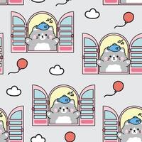 Seamless pattern of cute cat with fish open the window background.Balloon and cloud.Pet animal character cartoon design.Image for card,sticker,baby product.Kawaii.Illustration vector
