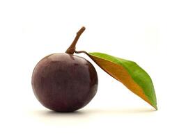Ripe purple star apple fruit with leaves on a white background. Space for text. Concept of healthy fruits photo