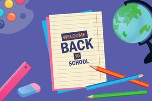 Trendy Back to school banner. Welcome back to school design with notebook, pencils, globe, and stationery on purple background. Learning, knowledge, school concept template. vector