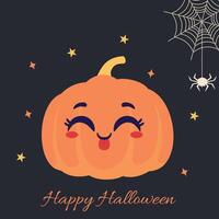 Cute smiling pumpkin with stars, spider, and web for Happy Halloween greeting card. Funny pumpkin character, Jack O lantern. Retro style illustration vector