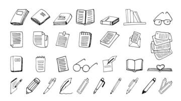 Hand drawn doodle set of books, pens and notes about learning and writing vector