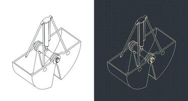 Clamshell digging bucket isometric blueprints vector