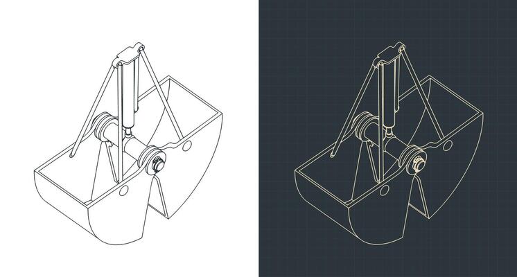 Clamshell digging bucket isometric blueprints
