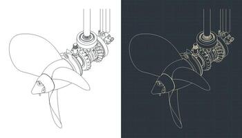 Outboard motor gearbox isometric blueprints vector