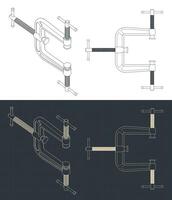 Three way C-clamp blueprints vector