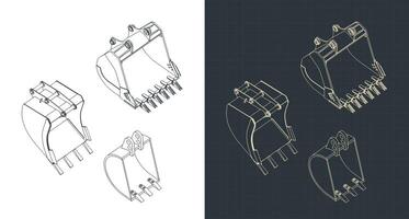 Excavator buckets isometric blueprints vector