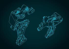 Bicycle rear derailleur isometric technical drawings vector