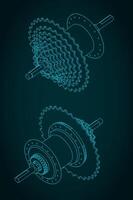 Bicycle Hub with cassette isometric technical drawings vector