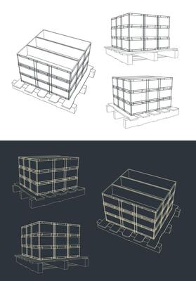 Plastic boxes on wooden pallets sketches Set