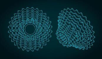 Cassette bicycle sprockets technical drawings vector