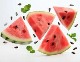 Flying pieces of fresh watermelon with mint and seeds isolated on white background photo