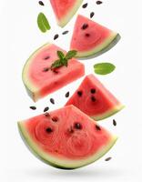 Flying pieces of fresh watermelon with mint and seeds isolated on white background photo