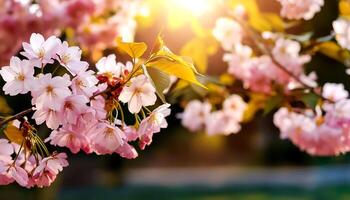 Horizontal banner with sakura flowers of pink color on sunny backdrop. photo