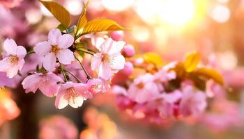 Horizontal banner with sakura flowers of pink color on sunny backdrop. photo