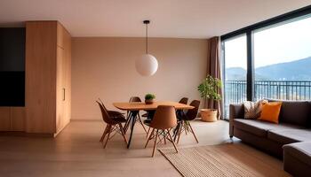 Modern interior design of apartment, dining room with table and chairs, empty living room with beige wall, panorama photo