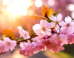 Horizontal banner with sakura flowers of pink color on sunny backdrop. photo