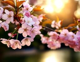 Horizontal banner with sakura flowers of pink color on sunny backdrop. photo