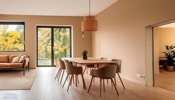 Modern interior design of apartment, dining room with table and chairs, empty living room with beige wall, panorama photo