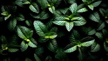 Mint leaves background. Green Peppermint leaves Pattern layout design Top of view. photo