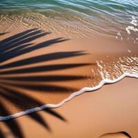 empty abstract sand beach with palm leaf shadow and transparent water wave from above, blank background banner for travel, vacation and wellbeing with copy space. top of views, aerial views photo