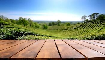 Circle wooden table top with blurred tea plantation landscape with blue sky and blurred green tea garden Natural background product display concept. photo