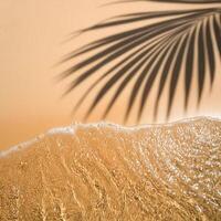 empty abstract sand beach with palm leaf shadow and transparent water wave from above, blank background banner for travel, vacation and wellbeing with copy space. top of views, aerial views photo