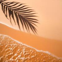 empty abstract sand beach with palm leaf shadow and transparent water wave from above, blank background banner for travel, vacation and wellbeing with copy space. top of views, aerial views photo