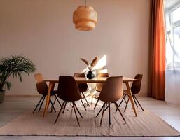 Modern interior design of apartment, dining room with table and chairs, empty living room with beige wall, panorama photo