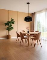 Modern interior design of apartment, dining room with table and chairs, empty living room with beige wall, panorama photo