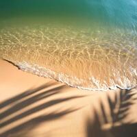 empty abstract sand beach with palm leaf shadow and transparent water wave from above, blank background banner for travel, vacation and wellbeing with copy space. top of views, aerial views photo