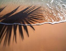 empty abstract sand beach with palm leaf shadow and transparent water wave from above, blank background banner for travel, vacation and wellbeing with copy space. top of views, aerial views photo