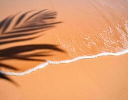 empty abstract sand beach with palm leaf shadow and transparent water wave from above, blank background banner for travel, vacation and wellbeing with copy space. top of views, aerial views photo