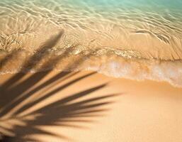 empty abstract sand beach with palm leaf shadow and transparent water wave from above, blank background banner for travel, vacation and wellbeing with copy space. top of views, aerial views photo