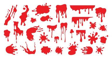 Hand drawn blood splash set. Blood stains, splatter, drops and blobs of blood in various shapes. illustration vector
