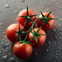Overhead Shot. CLOSE UP SHOOT of Tomatoes with visible Water Drops photo