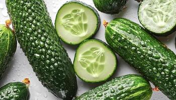 Fresh a pile of Fresh organic cucumber against a white background photo